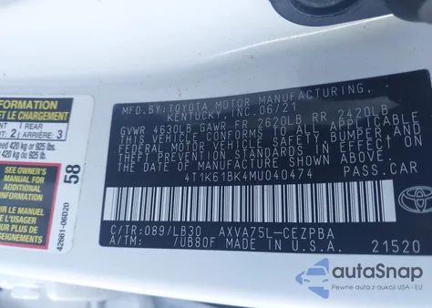 2021 Toyota Camry Xse Awd из США, поврежденный, VIN 4T1K61BK4MU040474